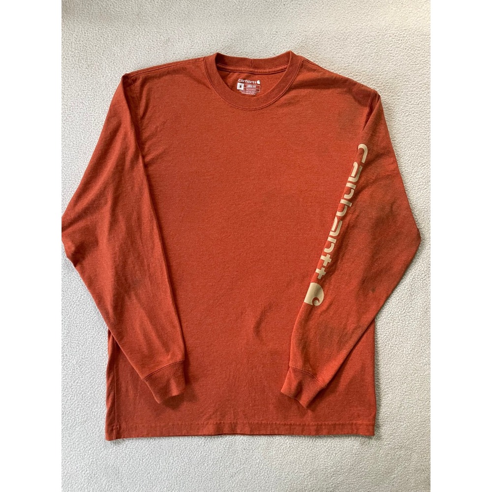 Carhartt Mens Medium Long Sleeve T-Shirt Orange Loose Fit Graphic Logo Sleeve